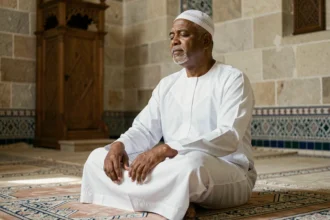 Homme en tenue religieuse assis en contemplation sur un tapis de prière dans une mosquée de Montpellier