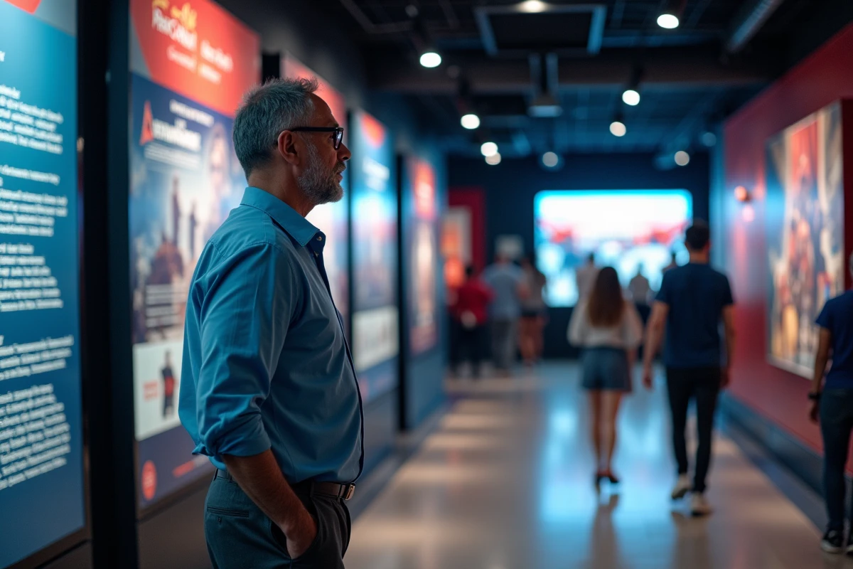 Homme regardant une affiche promotionnelle 4DX au cinéma