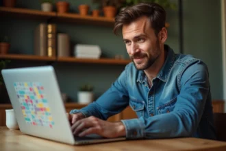 Homme en denim concentré sur un puzzle sur son ordinateur