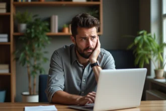 Homme scrutant un site web sur son ordinateur portable avec une expression dubitative, illustrant la question de confiance envers Tarbob en 2026