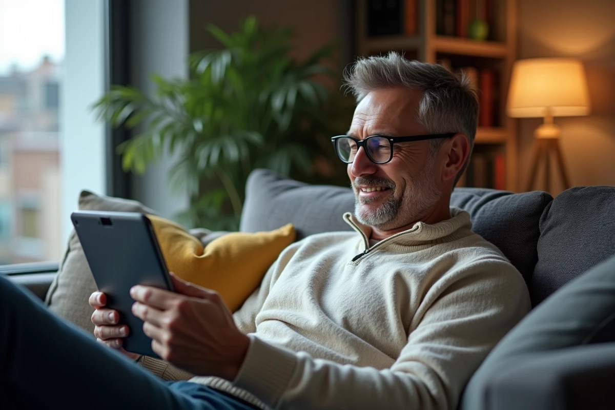 Homme détendu utilisant une tablette dans le salon