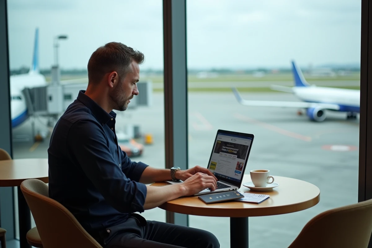 Homme réservant un vol de dernière minute sur laptop dans un café d'aéroport avec vue sur le tarmac