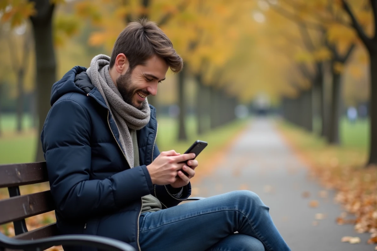 Jeune homme lisant un message sur son smartphone dans un parc