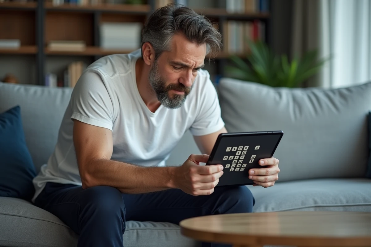 Homme réfléchissant à la solution d'un jeu 4 Images 1 Mot sur tablette dans un salon moderne