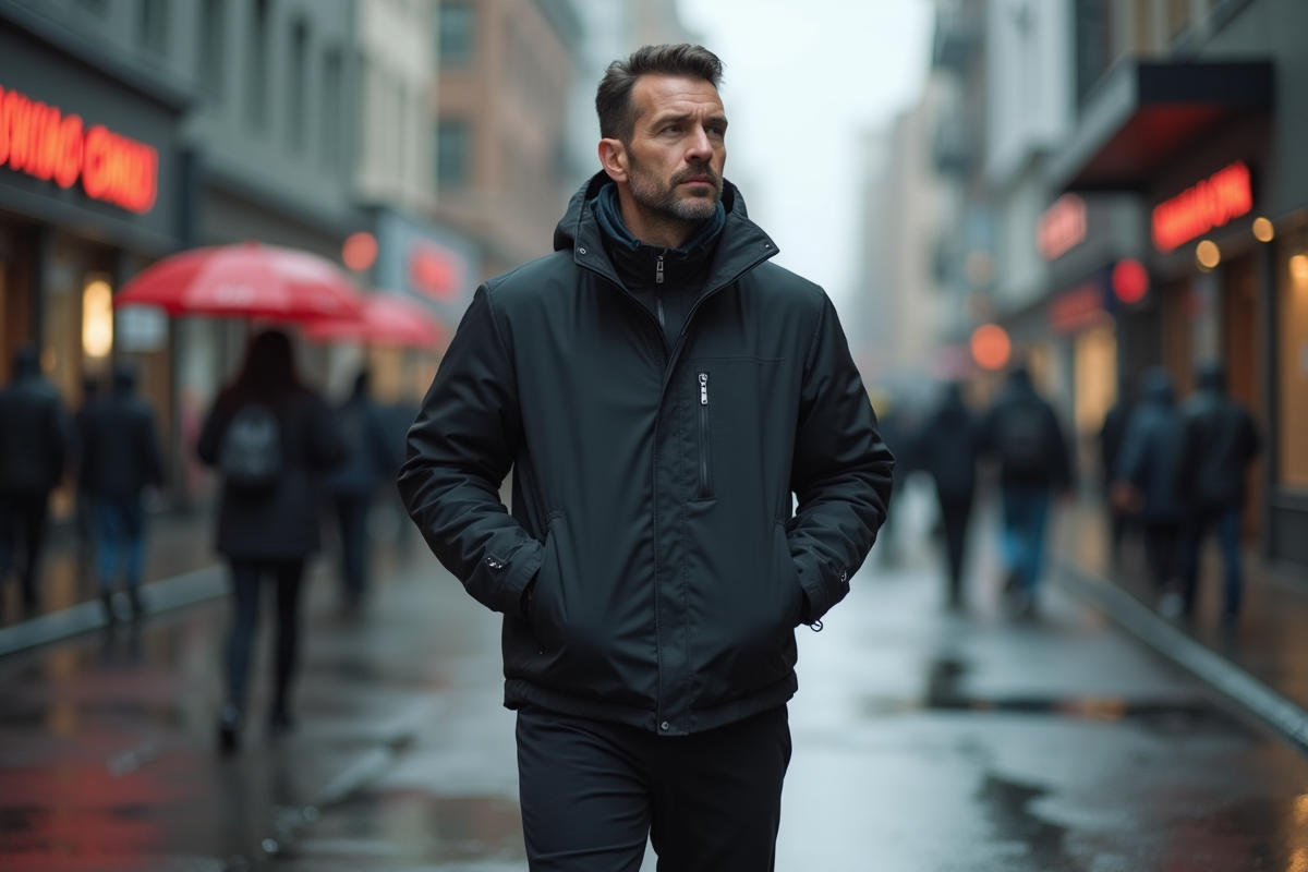 Homme en techwear minimaliste sous la pluie en ville