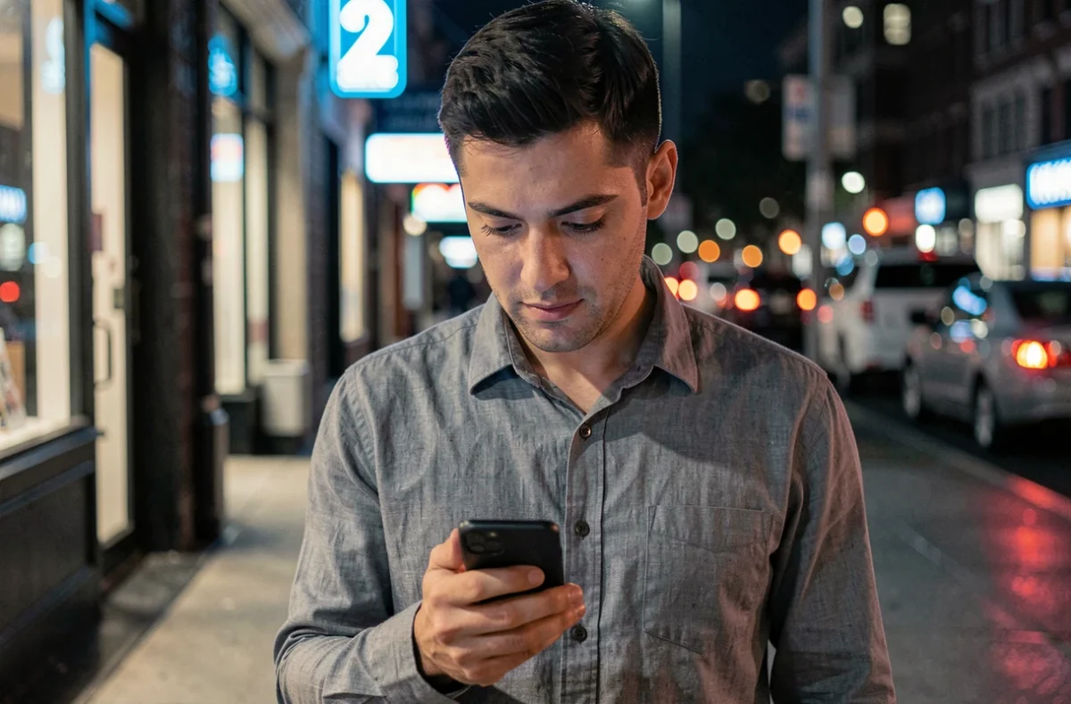Homme regardant l'heure 22h22 sur son téléphone dans une rue urbaine la nuit