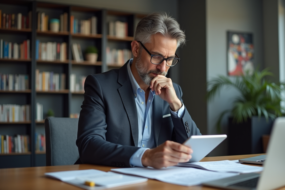 Homme réfléchi en blazer regardant une tablette dans un espace moderne