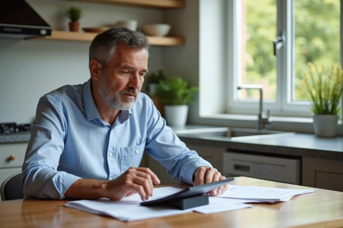 Homme d'âge moyen examinant des papiers dans une cuisine lumineuse