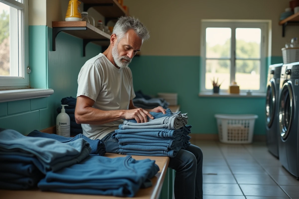 Homme triant des vêtements dans une buanderie fonctionnelle