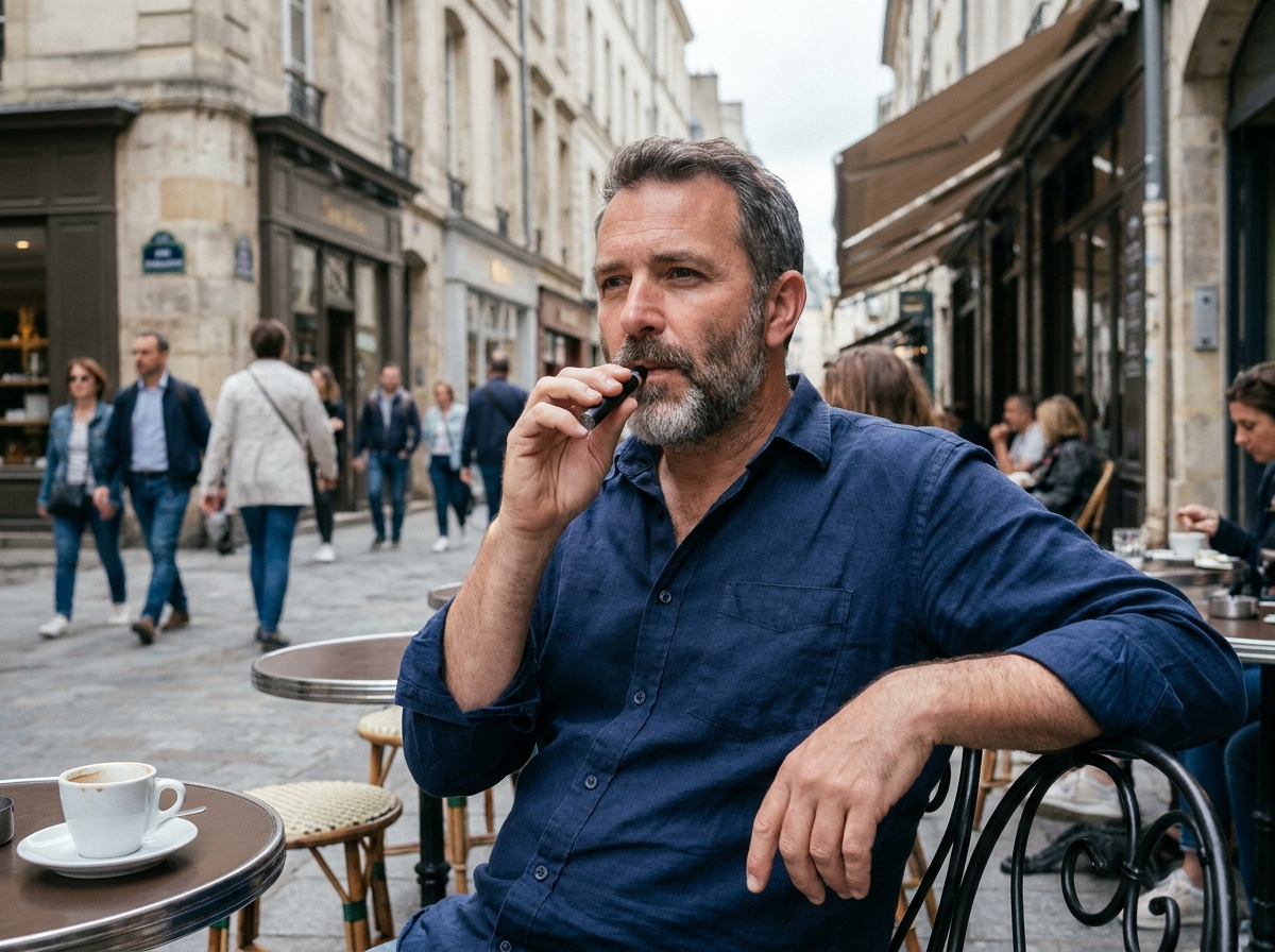 Homme utilisant une cigarette électronique en terrasse de café lors de sa transition tabagique vers la vape