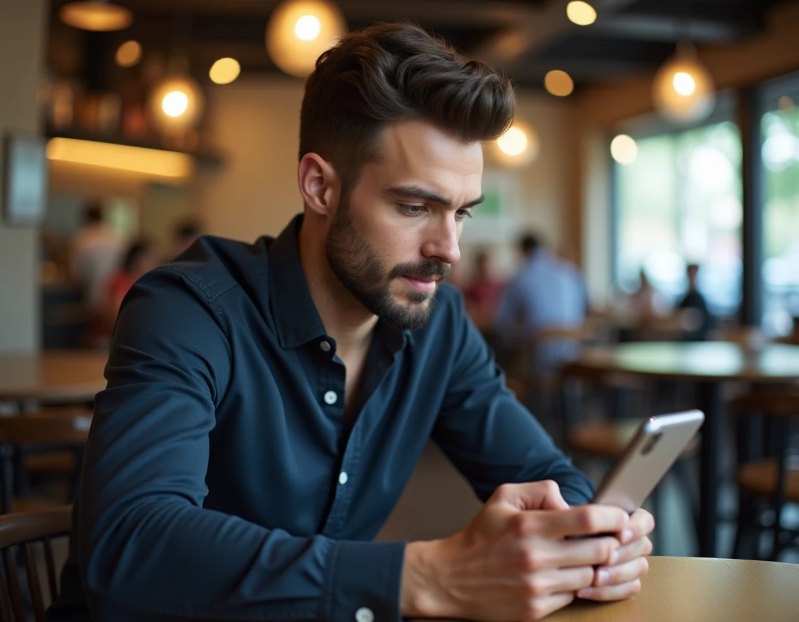 Homme vérifiant son numéro Lyca Mobile sur son téléphone dans un café