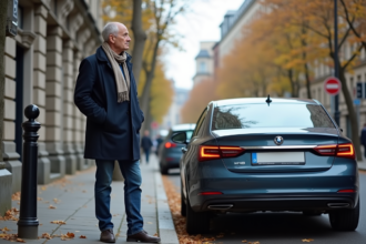 Homme d'âge moyen près d'une voiture diesel en ville