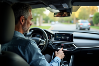 Homme d'âge moyen utilisant l'écran ADAS dans une voiture moderne