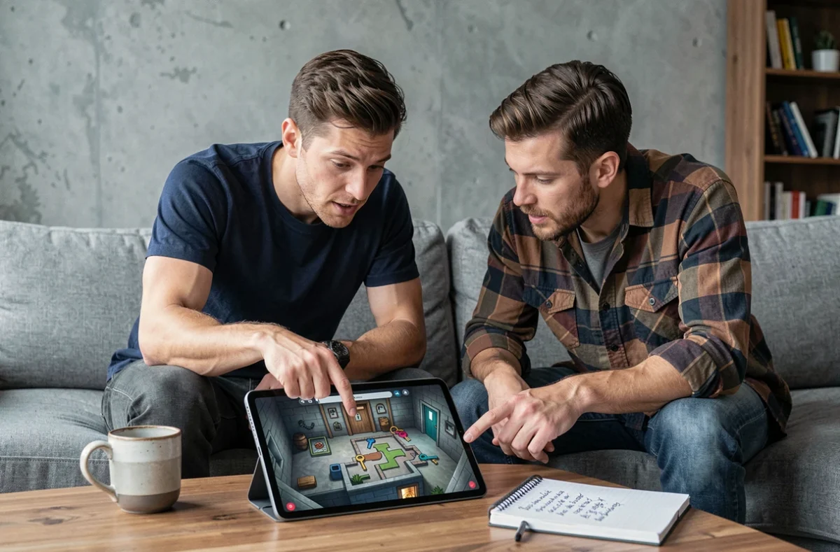 Deux hommes collaborant pour trouver la solution d'un niveau difficile du jeu Rooms and Exits sur une tablette