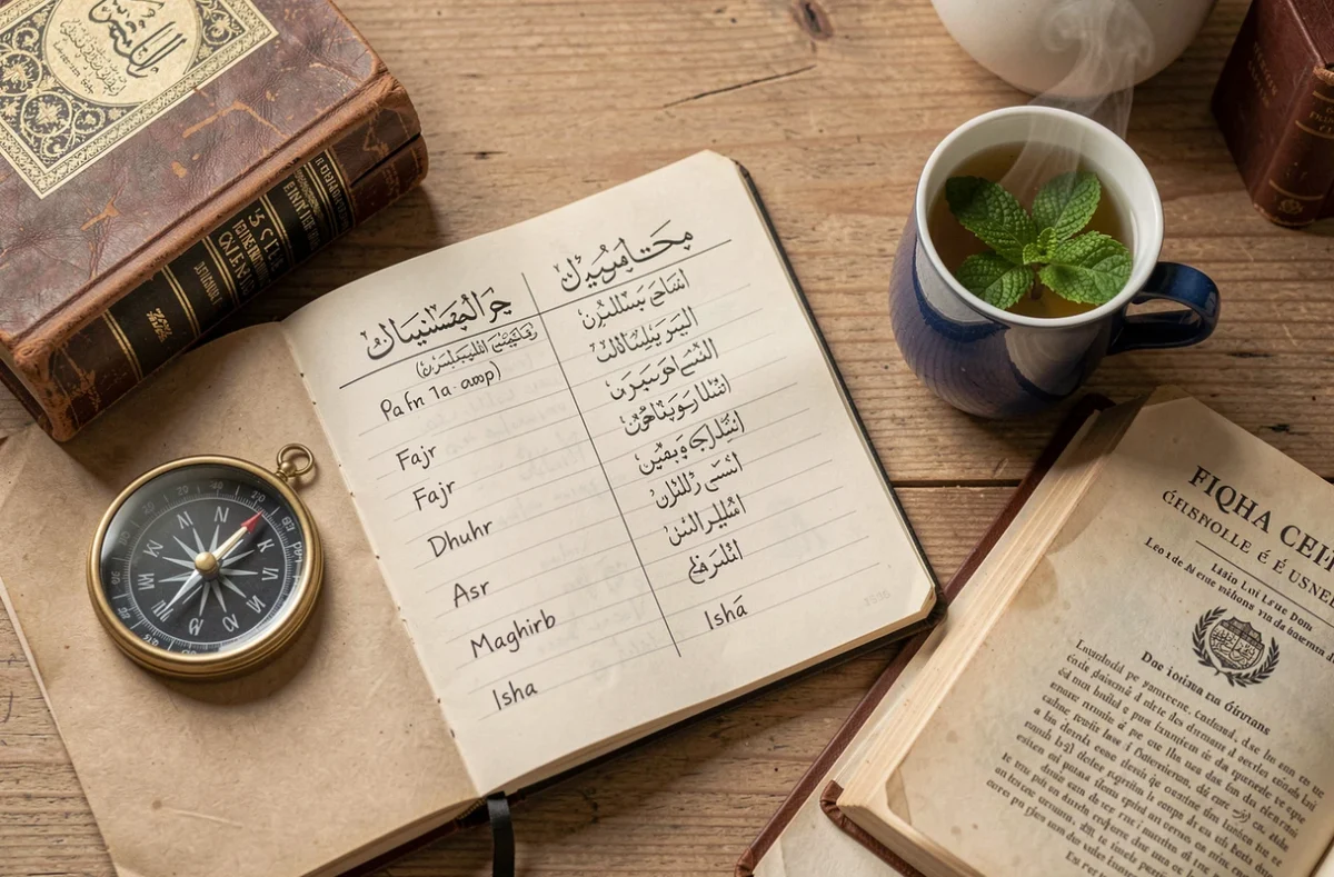 Bureau avec carnet de calcul des horaires de prières selon le madhhab et boussole orientée vers La Mecque