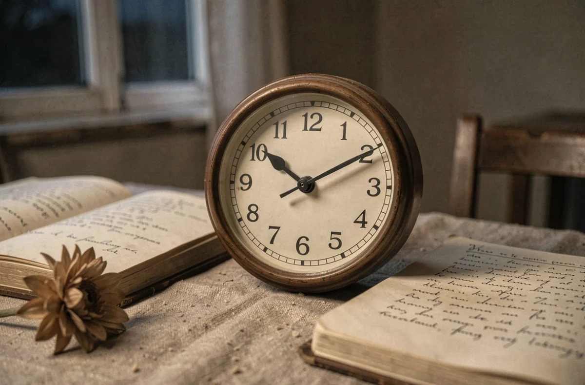 Gros plan d'une horloge analogique indiquant 23h23 sur une table en bois avec un journal ouvert, illustrant la numérologie et les signes du destin