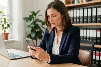 Femme consultant son smartphone pour identifier un numéro de téléphone portable inconnu depuis un bureau à domicile