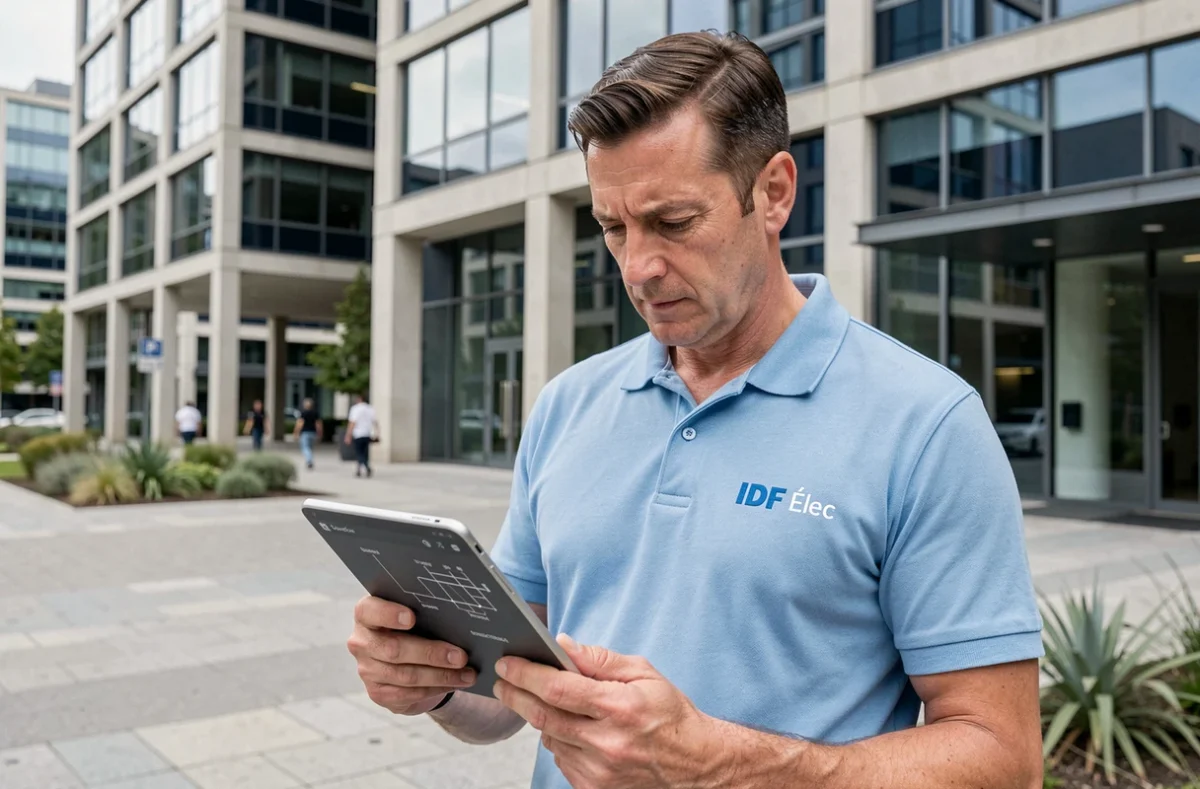 Électricien IDF Élec consultant un schéma électrique sur tablette devant un immeuble de bureaux à Boulogne-Billancourt