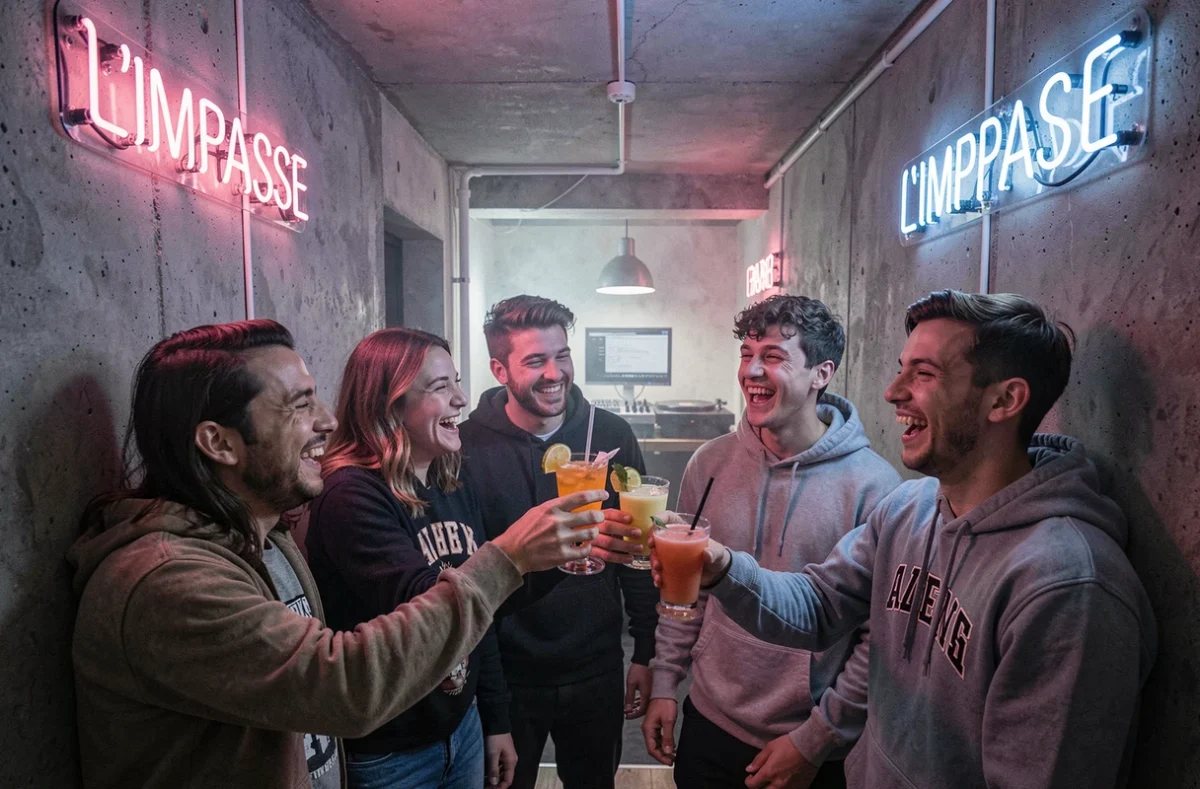 Groupe de jeunes adultes trinquant avec des cocktails colorés à L'Impasse, bar de nuit du Touquet-Paris-Plage, dans une ambiance nocturne avec néons et cabine DJ.
