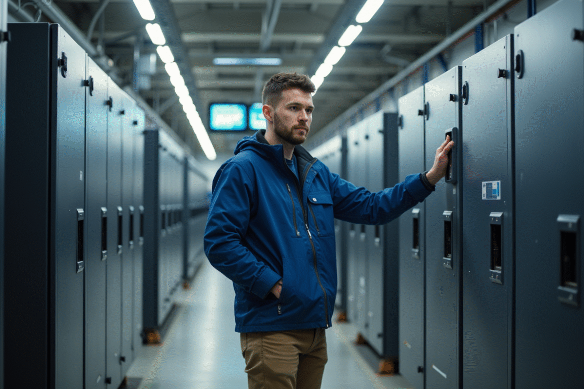 Jeune ingénieur vérifiant un rack de batteries en laboratoire