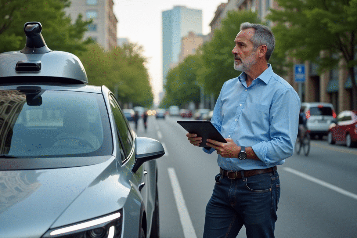 Ingénieur homme examinant voiture autonome en ville