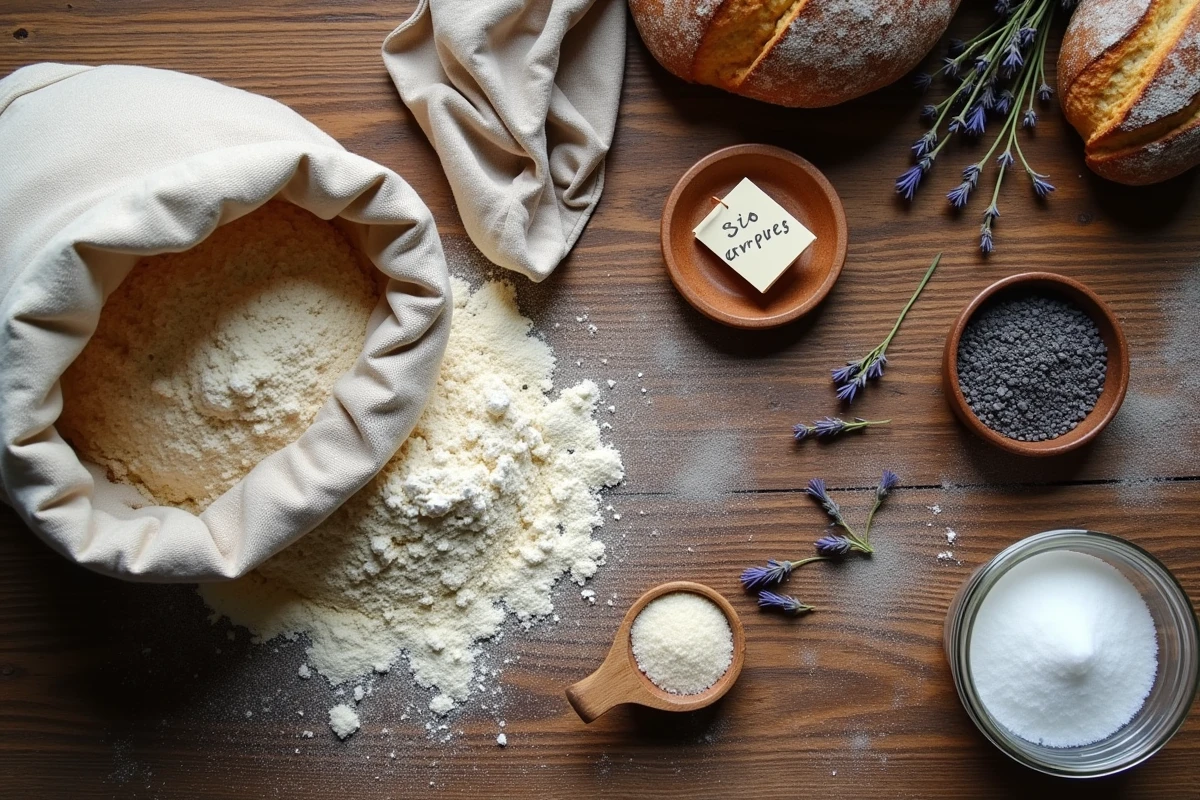 Vue aérienne des ingrédients bruts et d'une fiche de recette manuscrite sur un plan de travail de boulangerie artisanale provençale