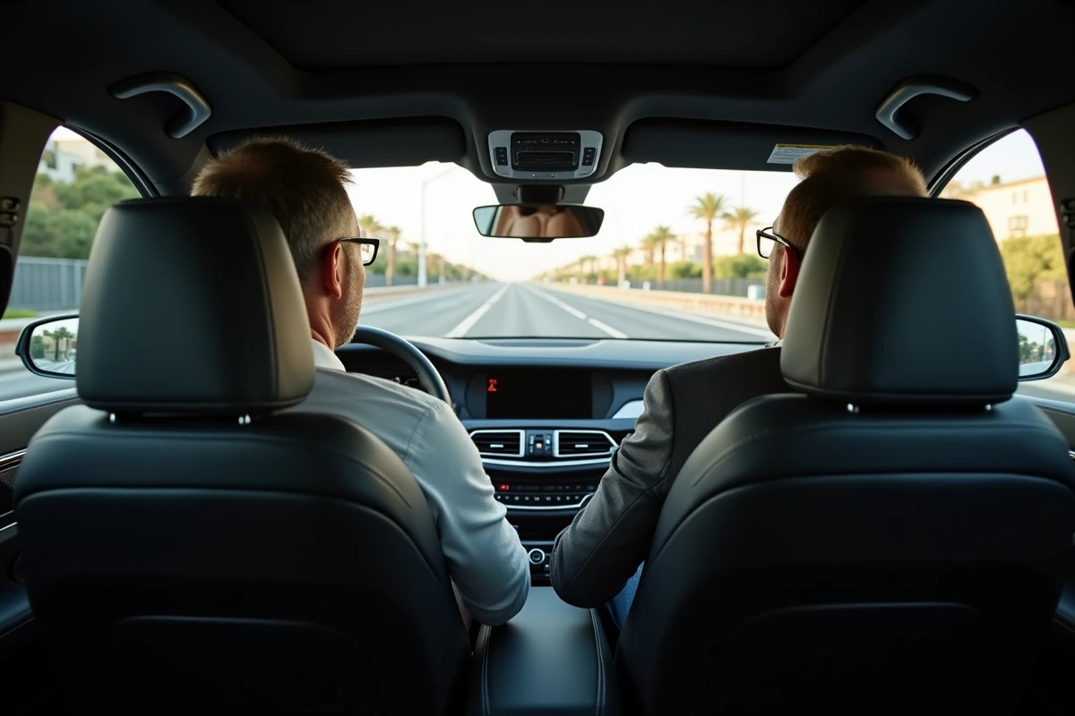 Vue intérieure d'un véhicule de chauffeur privé avec un passager observant Marseille par la fenêtre