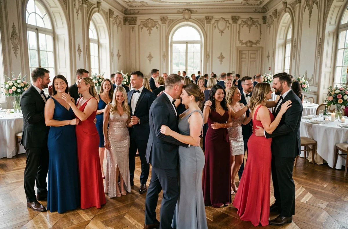 Invités de mariage dansant ensemble sur une piste lors d'un classique émouvant dans un château français