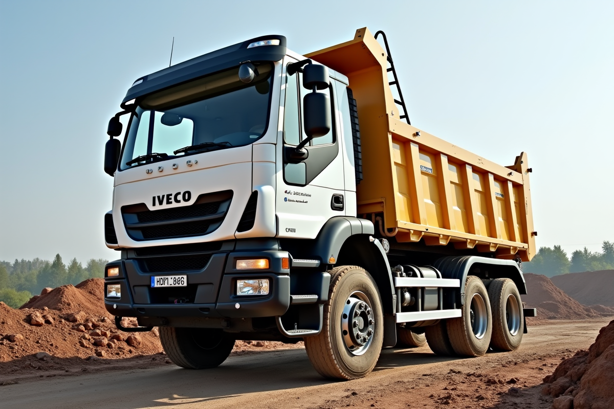 Camion Iveco 3,5 tonnes avec benne ouverte sur un chantier