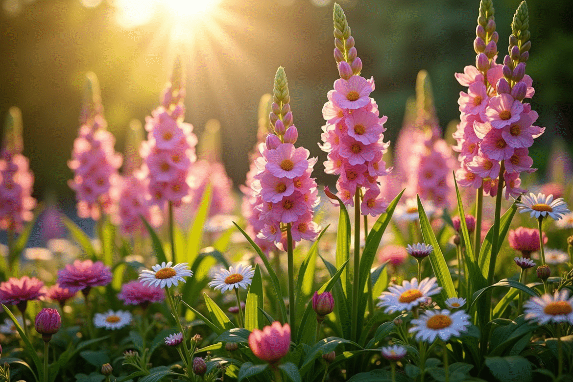 Jardin ensoleille avec delphiniums et dahlias en fleurs