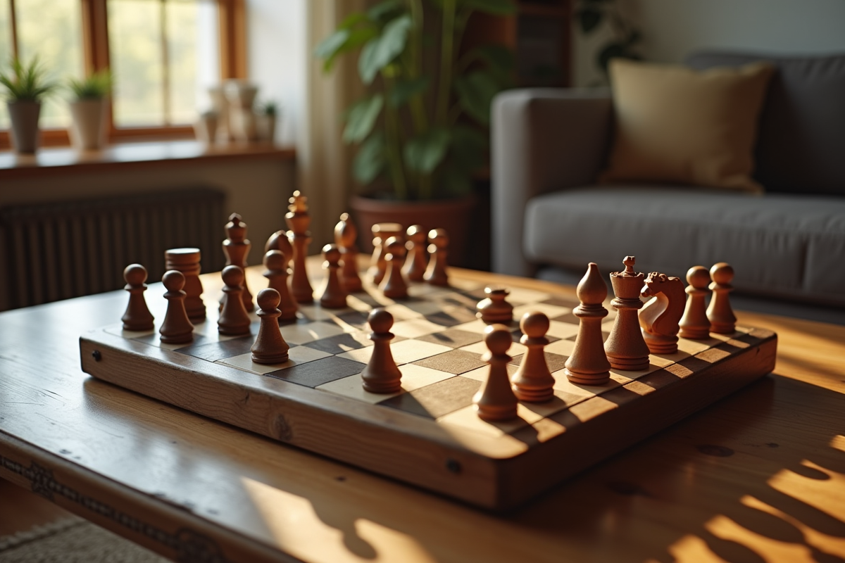 Jeu de dames fait maison avec pièces sur une table en bois rustique