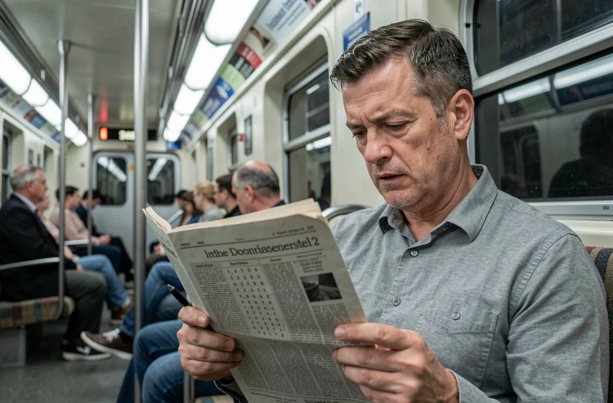 Homme résolvant un jeu de mots dans un journal plié dans le métro sans connexion internet