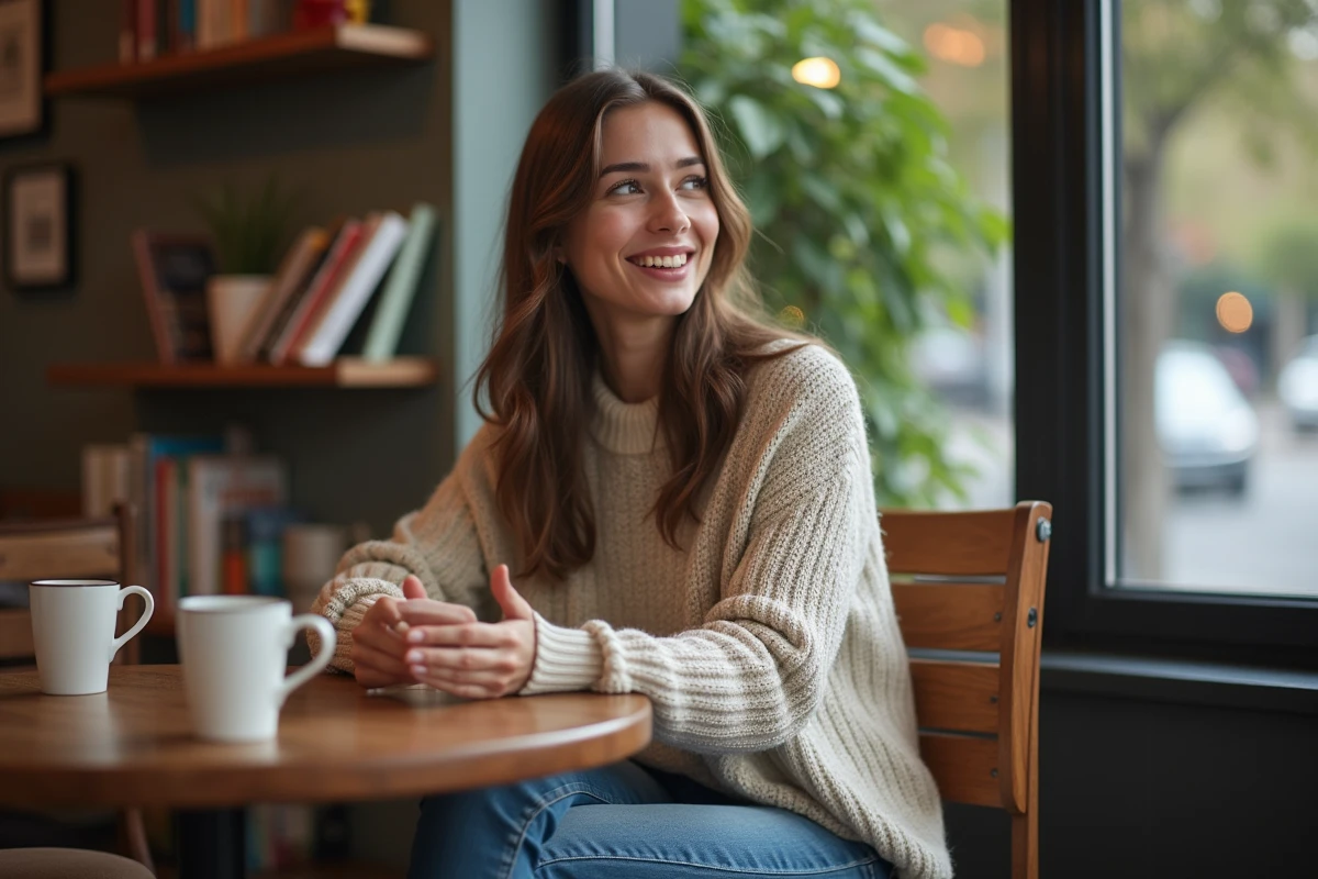 Jeune femme souriante en café avec livres et fenêtre