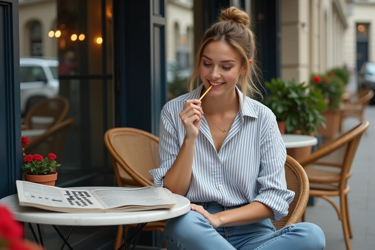 Jeune femme réfléchissant à un mot fléché dans un café parisien avec journal sur table en marbre