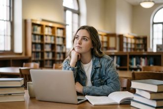 Jeune femme pensante dans une bibliothèque universitaire