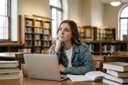 Jeune femme pensante dans une bibliothèque universitaire