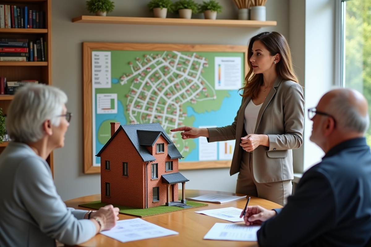 Jeune femme expliquant des documents immobiliers à un couple