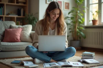 Jeune femme assise avec comics et laptop dans un salon lumineux