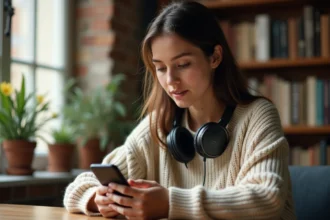 Jeune femme écoutant Skyrock sur son smartphone avec des écouteurs, illustrant comment être rappelé par un animateur radio