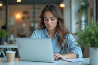 Jeune femme au bureau en train de relire des textes traduits