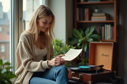 Jeune femme choisissant un vinyle dans un appartement cosy
