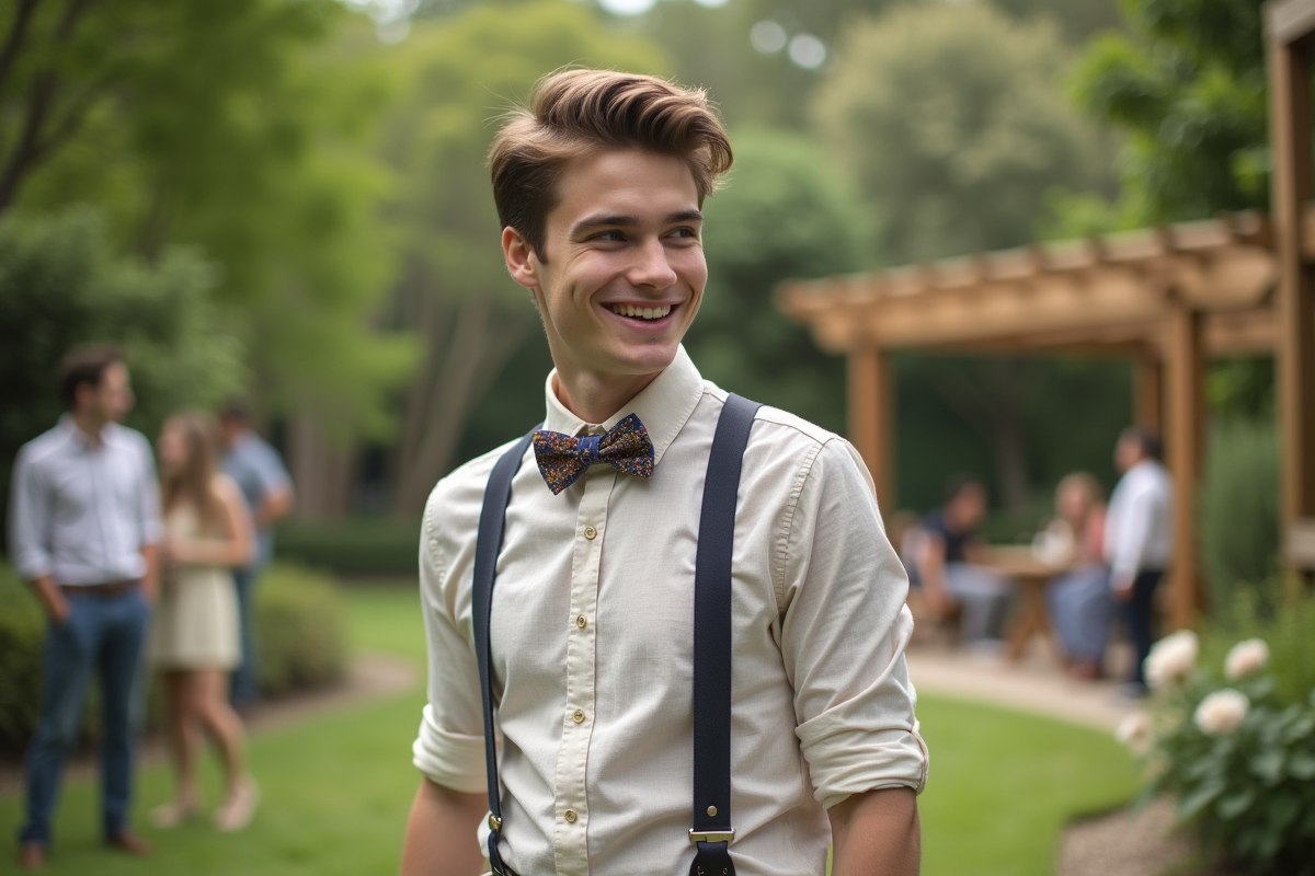 Jeune homme souriant avec nœud papillon dans un jardin