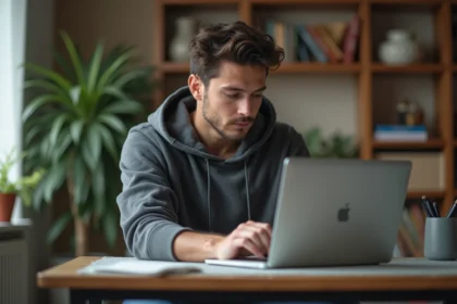 Jeune homme concentré sur son ordinateur dans un salon cosy