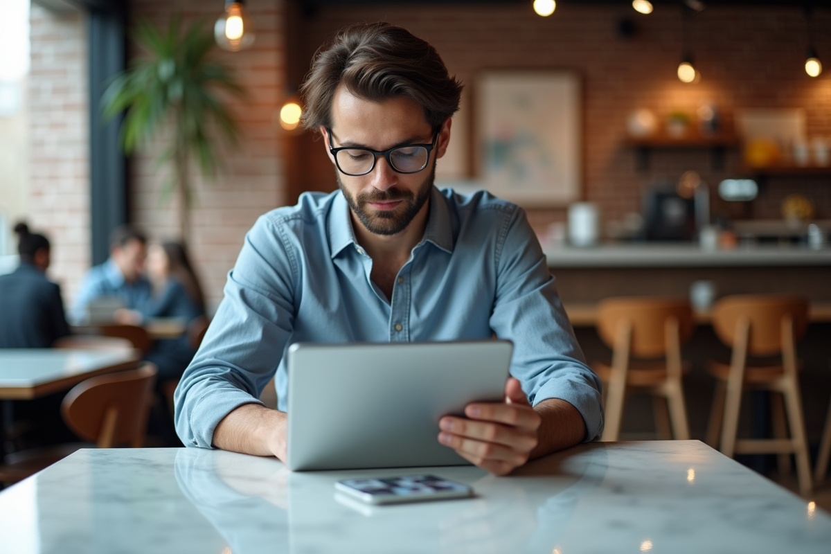Jeune homme travaillant à distance dans un café