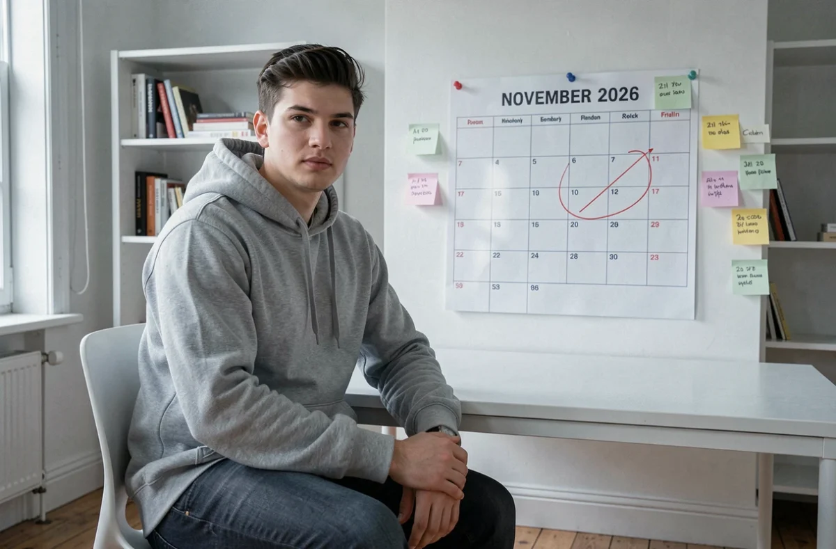 Jeune homme parisien devant un calendrier mural de novembre 2026 avec le vendredi du Black Friday entouré en rouge