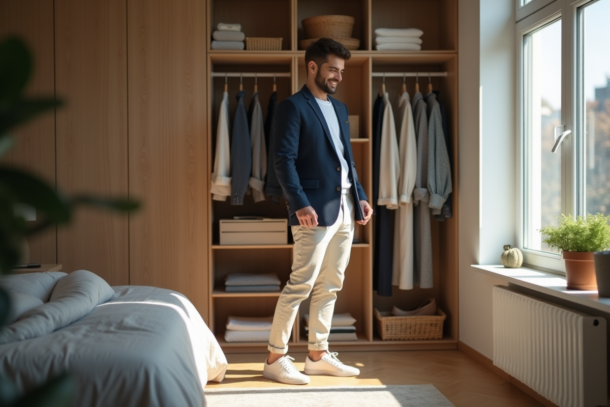 Jeune homme choisissant une tenue dans sa chambre lumineuse