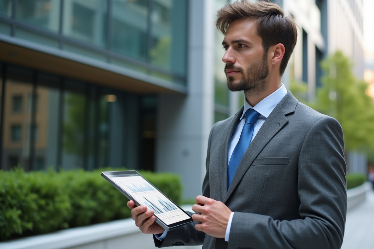 Jeune homme en extérieur analysant des graphiques durables