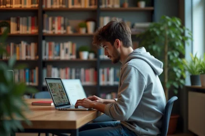 Jeune homme lisant manga sur ordinateur dans un appartement cosy
