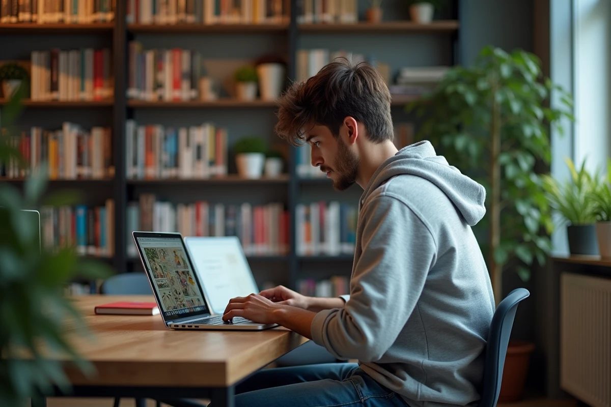 Jeune homme lisant manga sur ordinateur dans un appartement cosy