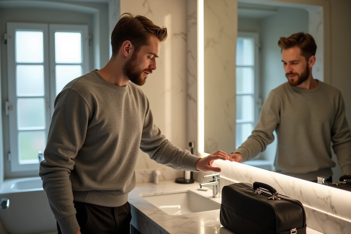 Jeune homme vérifiant un miroir dans une salle de bain d